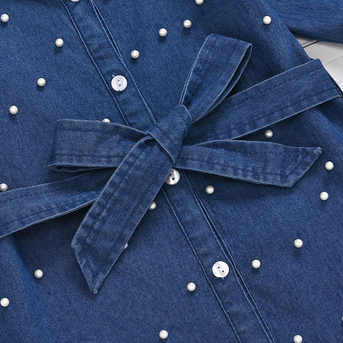 Girls' Round Neck Denim Long Sleeve Shirt With Beaded Belt And Tassel Skirt - Tokcobstore