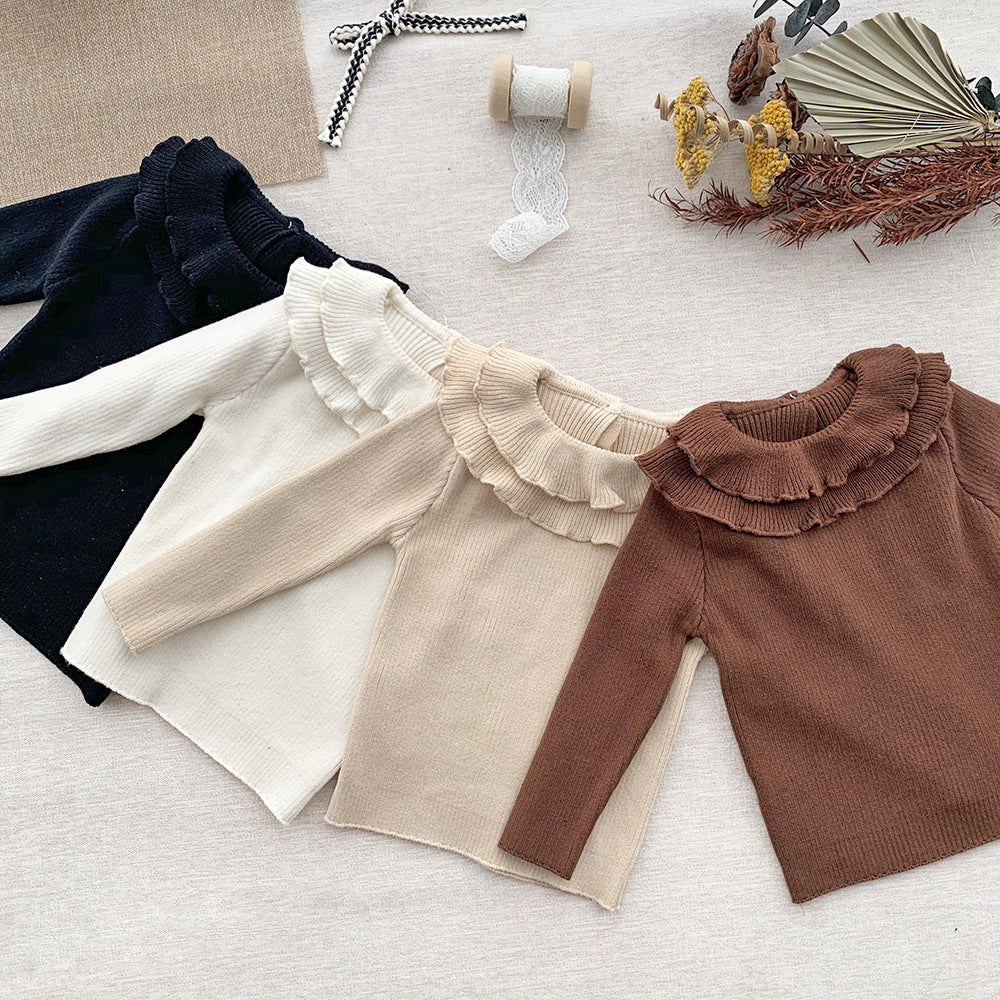 Girls' Lotus Leaf Bottoming Sweater Sunken Stripe High Elastic Sweater - Tokcobstore