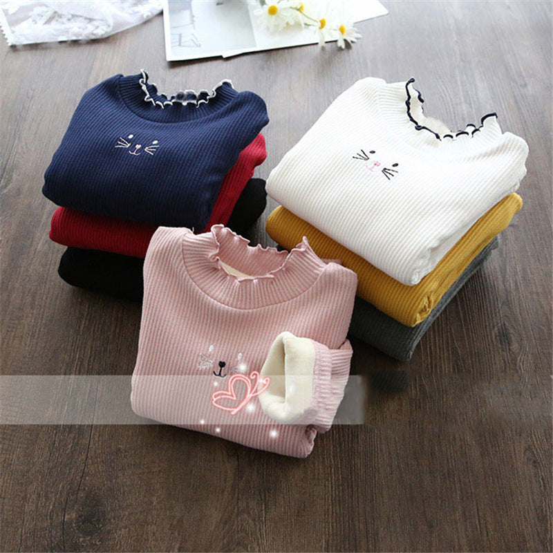 Girls' Fleece-lined Wooden Ear Thickened Thermal Bottoming Shirt - Tokcobstore