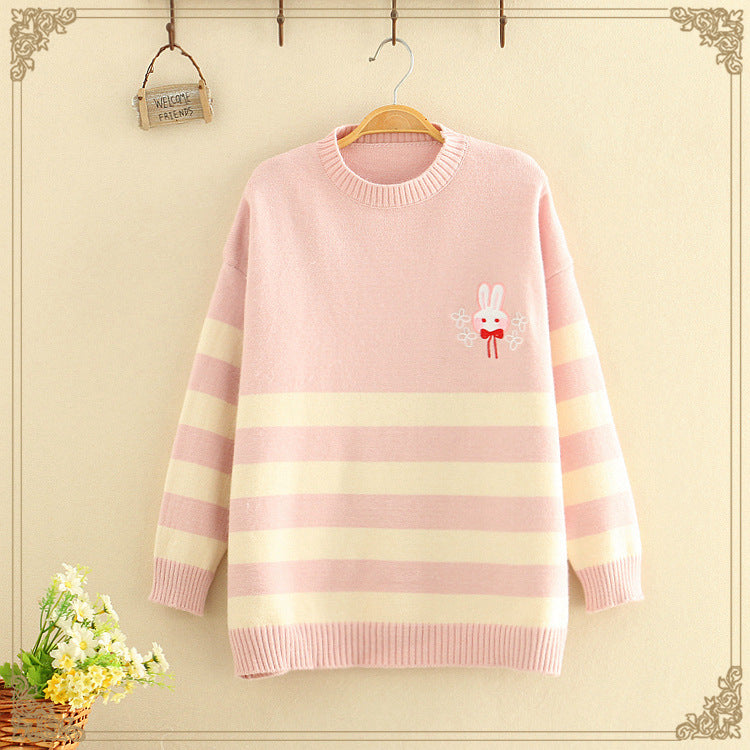 Korean style loose long-sleeved pullover in pink with white stripes and a cute bunny design on the front.