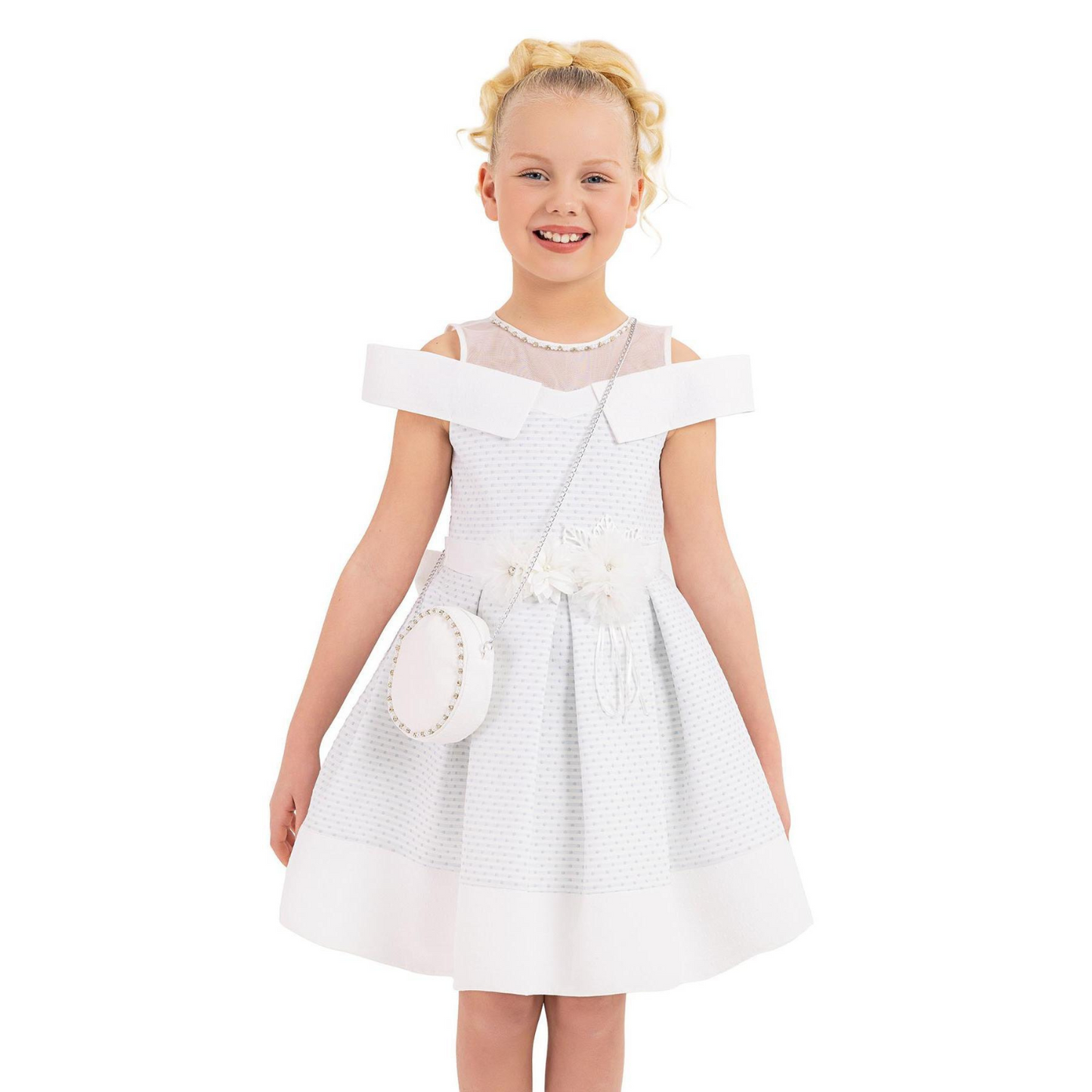 Dear Amy Girls Formal Dress features a white dress with off-shoulder sleeves, a textured bodice, and a floral accent, paired
