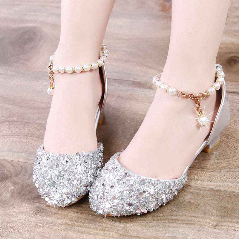 Girls' High Heels, Little Princess, Children's Sandals, Dance Show, Runway Show, Host Flower Girl, Silver Dance Shoes