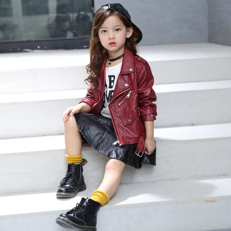 Solid Color Leather Jacket With Belt Buckle - Tokcobstore