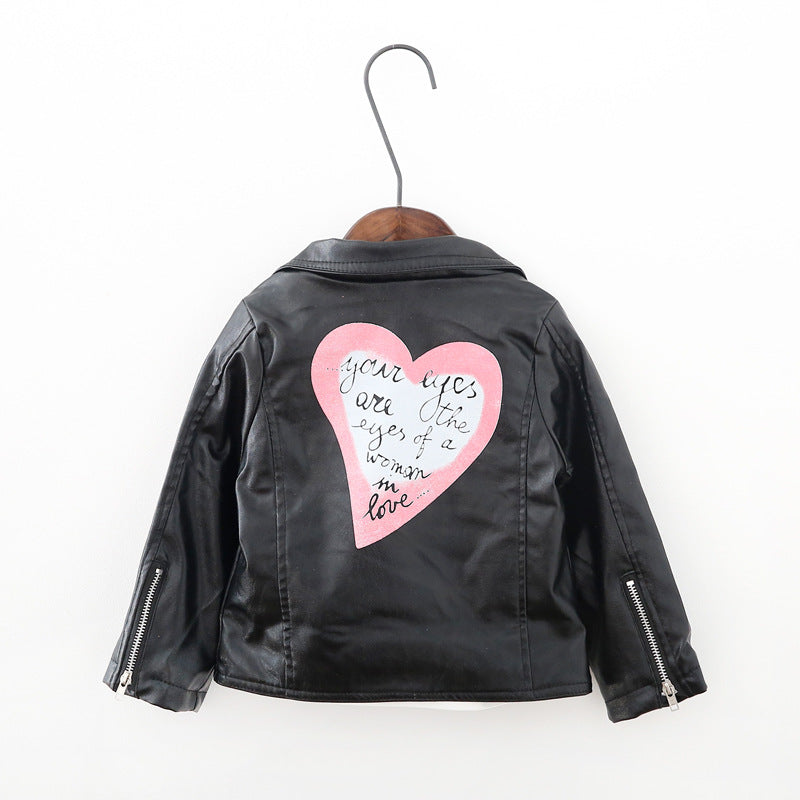 Love Printed PU Leather Girls Lapel Short Jacket - Tokcobstore