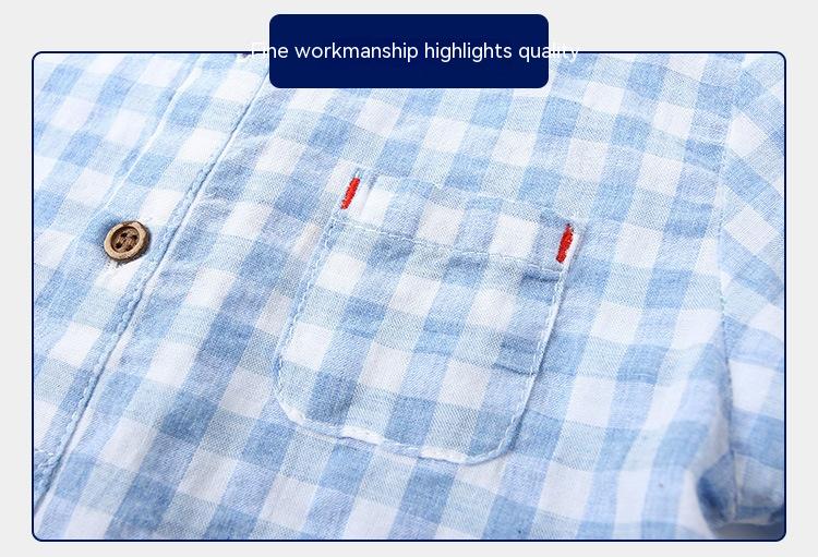 Children's Cotton Blue Short-sleeved Shirt Fashion Casual Short-sleeved Plaid Shirt - Tokcobstore