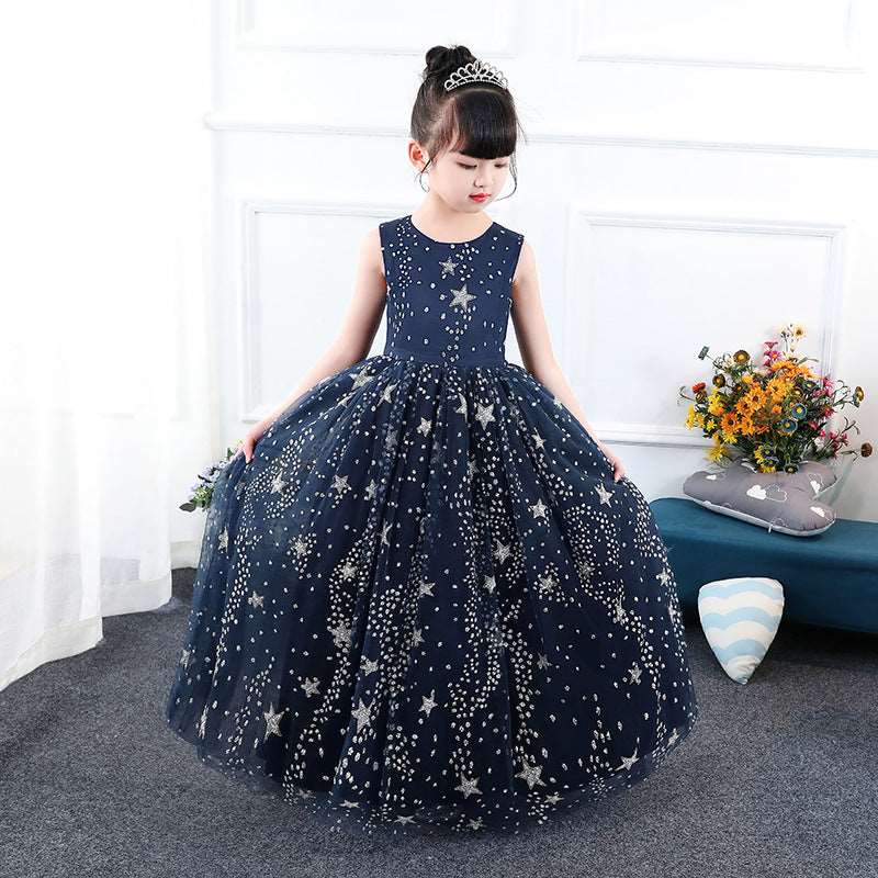 Blue Starry Princess Dress for Girls featuring a navy blue design with star patterns, tulle skirt, and a fitted bodice.