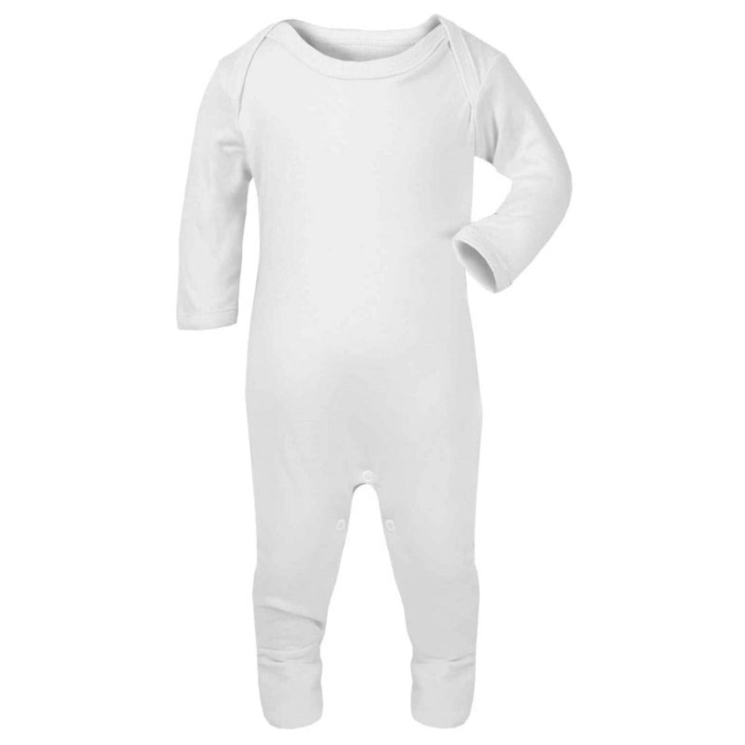Personalised 1st Fathers Day Dinosaur Baby Outfit featuring a white long-sleeve grow with snap buttons at the bottom.