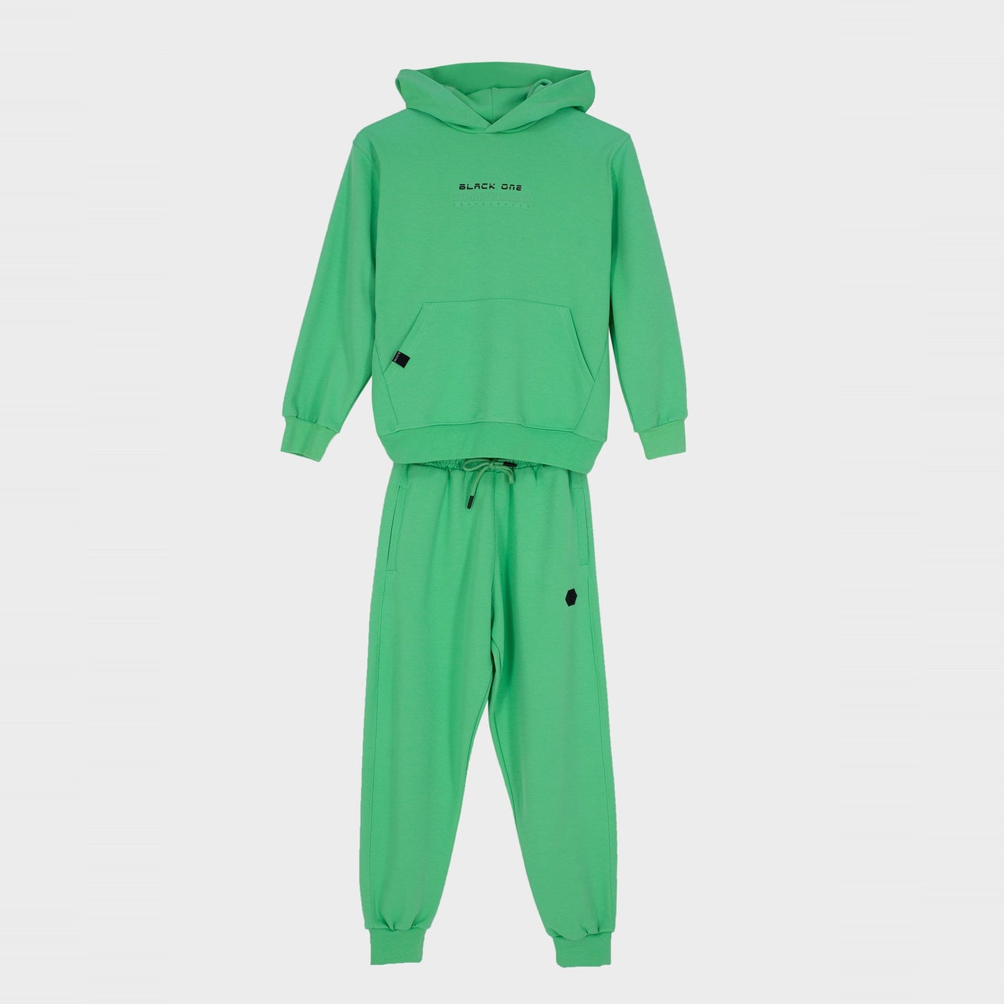 Unisex Classic Hoodie Jogger Set in vibrant green, featuring a hood, front pocket, and drawstring pants.