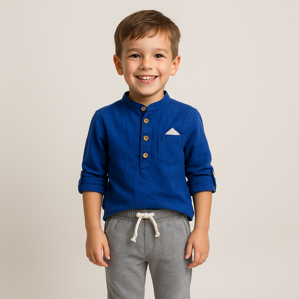 Breezy Ben Boys Casual Set featuring a blue button-up shirt with a pocket and gray drawstring pants. Ideal for casual wear.