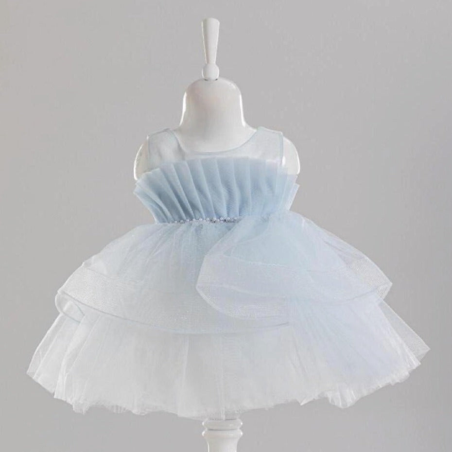 Blossom Baby Girls Formal Dress features a light blue bodice with layered tulle skirt and sparkling accents. Perfect for spec