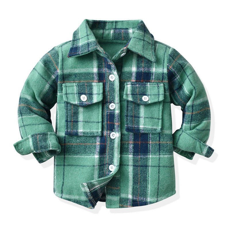 Children's Neutral Plaid Lapel Brushed Long Sleeve Top - Tokcobstore