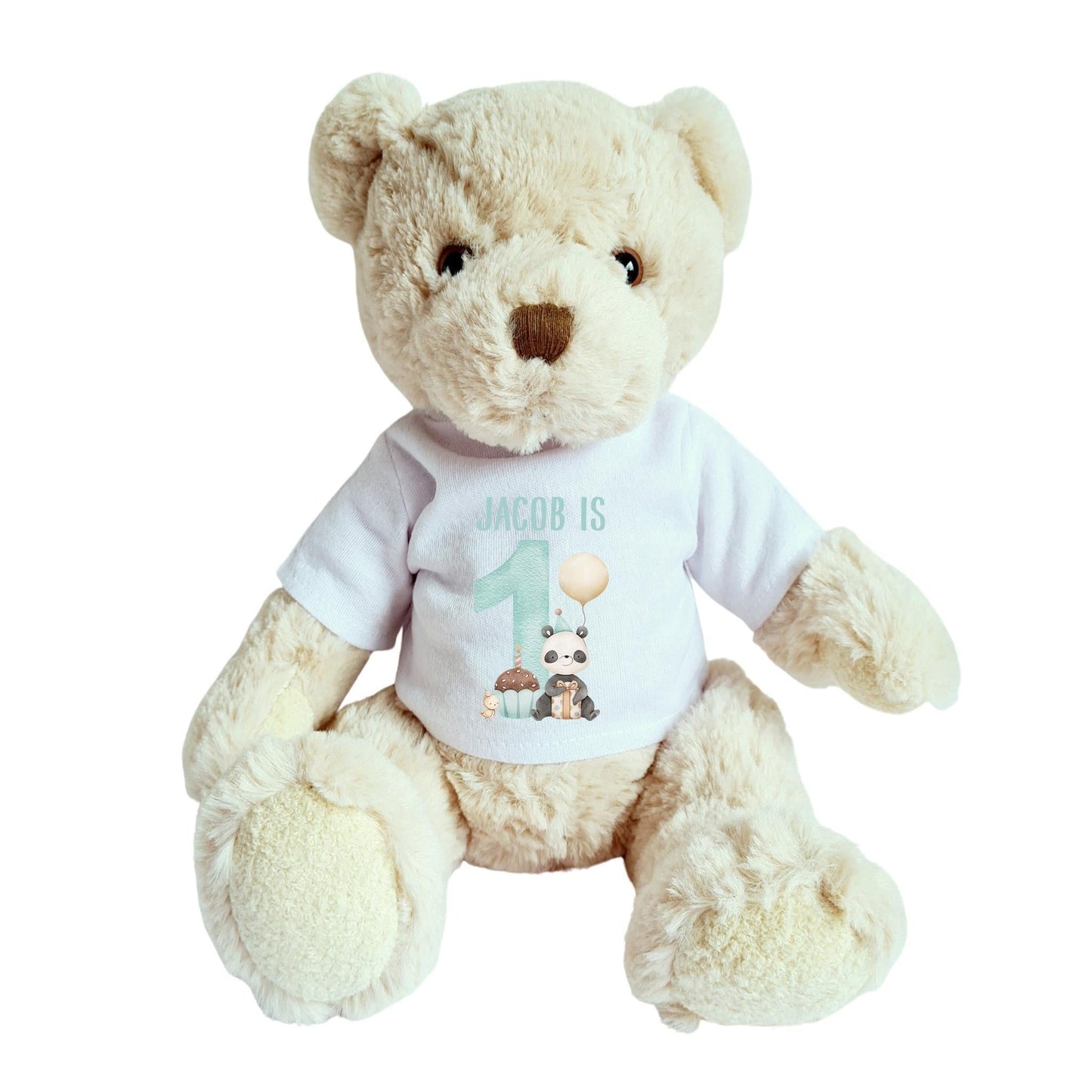 Personalised luxury teddy bear wearing a white t-shirt with "JACOB IS 1" and a panda design, perfect for a boy's first birthd