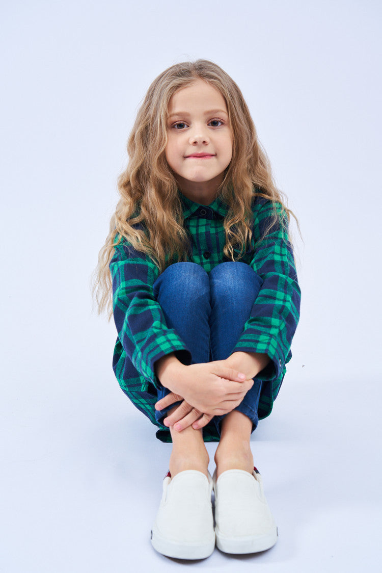 Mid-length Girls Plaid Shirt Long-sleeved Brushed - Tokcobstore