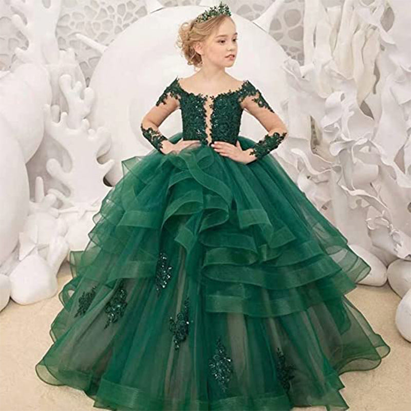 Girls' Long-sleeved Lace Performance Birthday Princess Pettiskirt Tiered-Ruffle Long Dress - Tokcobstore