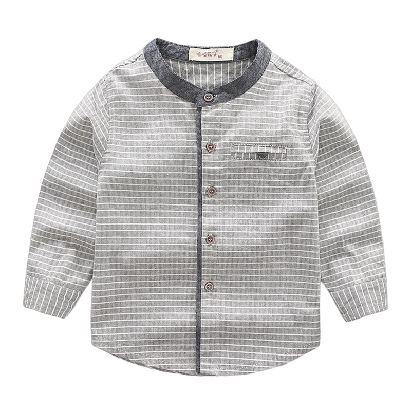 Children's long-sleeved shirt with a stand-up collar, featuring gray and white stripes and a button-down front.