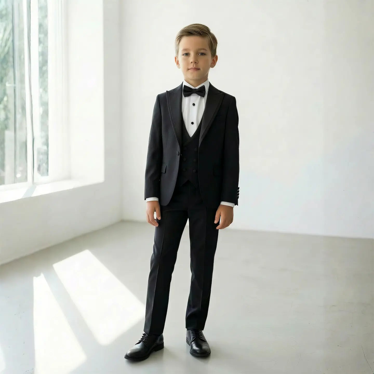 Black tuxedo for boys featuring a bow tie, vest, and tailored fit, perfect for formal occasions.