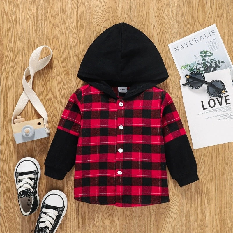 Hooded Plaid Sleeves Single Breasted Top Boys Middle Child Shirt Jacket - Tokcobstore