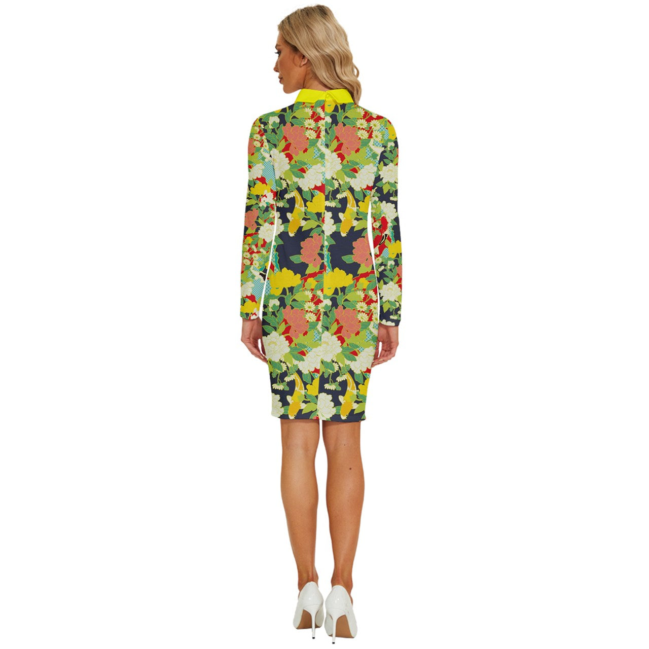 Yellow Long Sleeve Shirt Collar Bodycon Dress - Tokcobstore