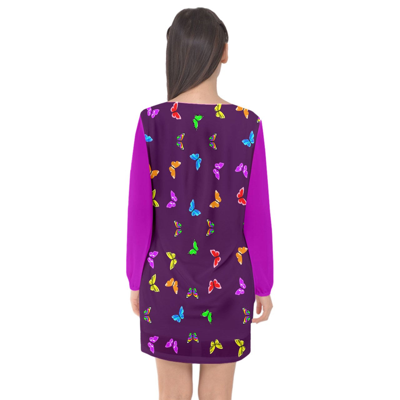 Purple Long Sleeve Chiffon Shift Butterfly Dress - Tokcobstore