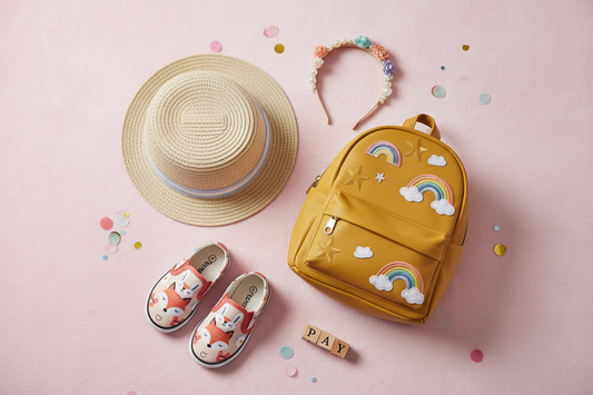 Flat lay of children's fashion accessories including a hat, mini backpack, headband and canvas shoes on a pastel pink background