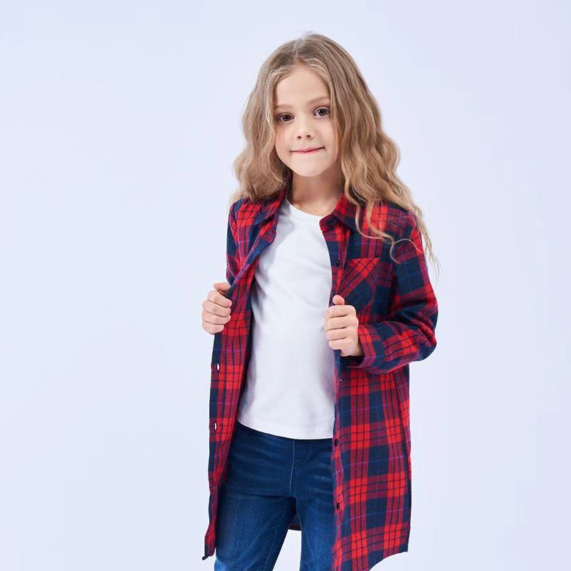 Mid-length Girls Plaid Shirt Long-sleeved Brushed