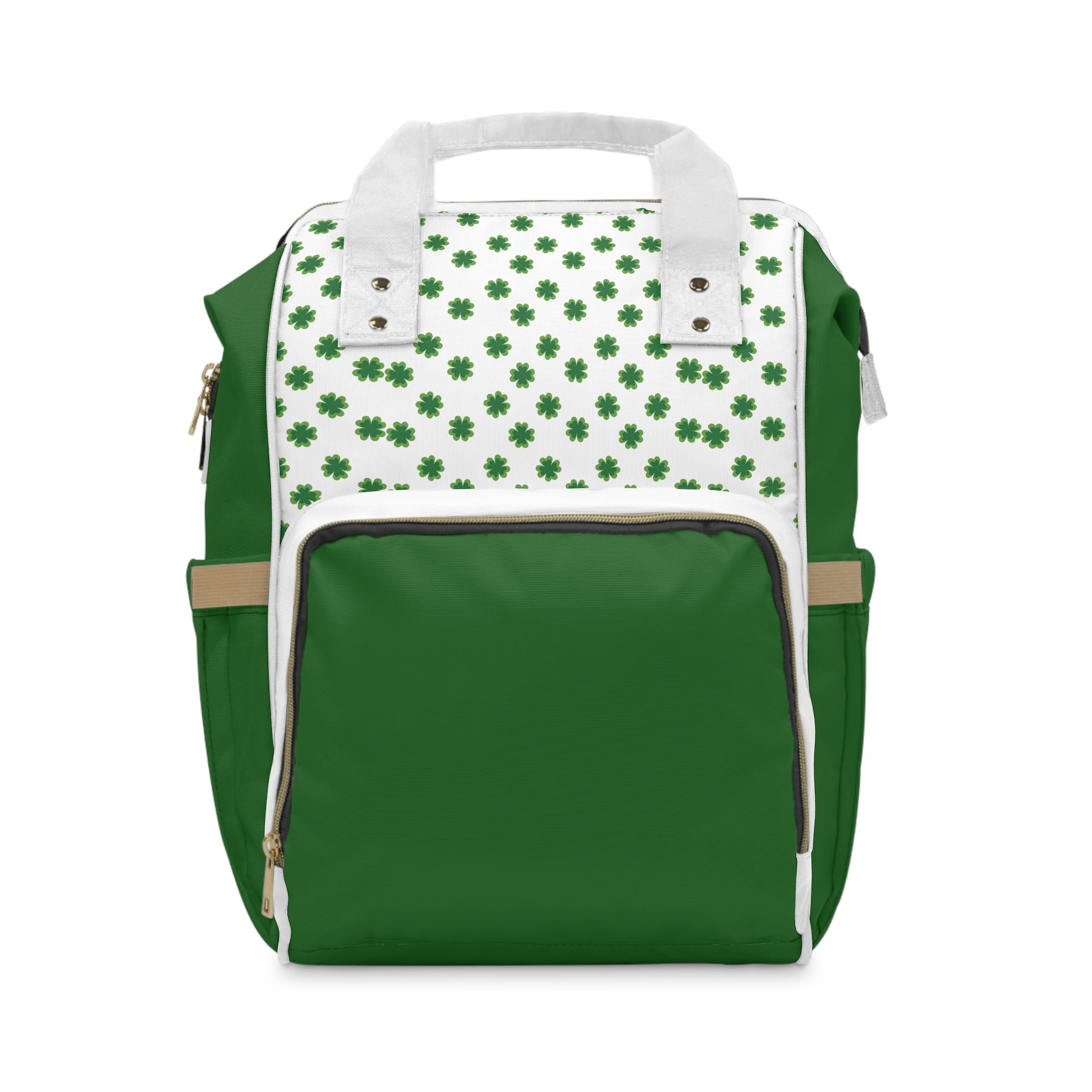 Clover Diaper Backpack in green with shamrock print, featuring a spacious front pocket and dual handles for easy carrying.