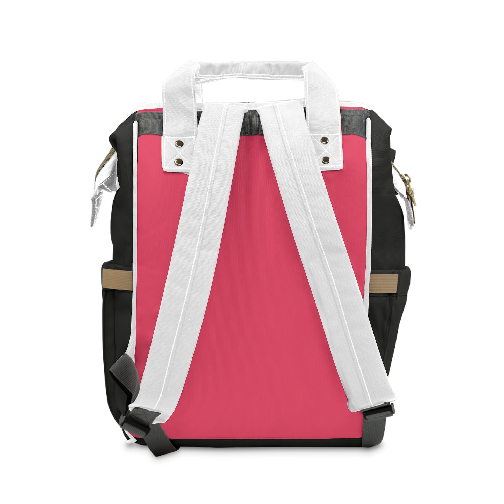 Pink Baby Pattern Diaper Backpack with white straps and black accents, designed for multifunctional use by parents.