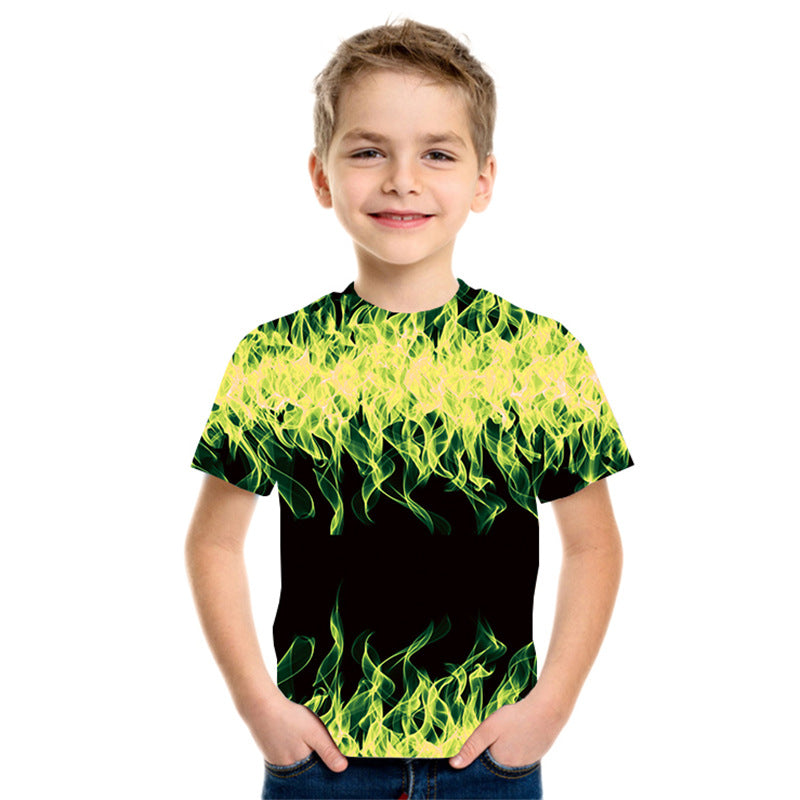 New Boys' Three-color Flame 3D Printed Short-sleeved T-shirt