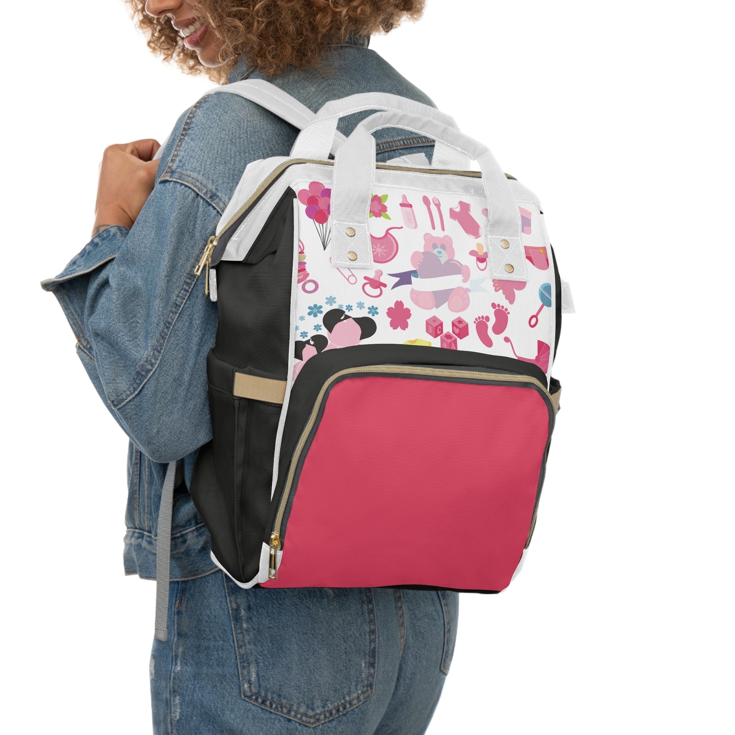 Multifunctional Pink Baby Pattern Diaper Backpack featuring playful designs, adjustable straps, and a pink front pocket.