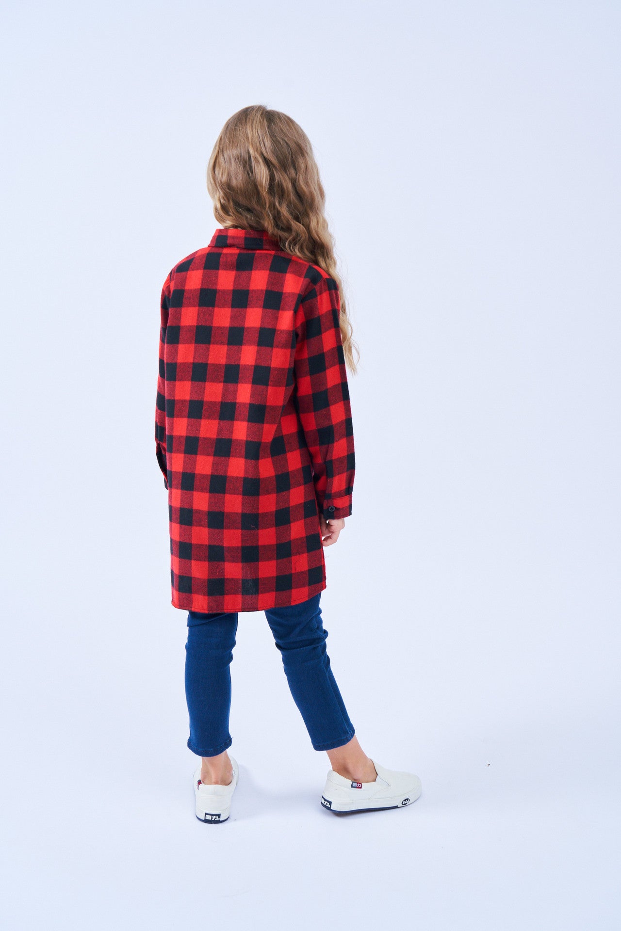 Mid-length Girls Plaid Shirt Long-sleeved Brushed