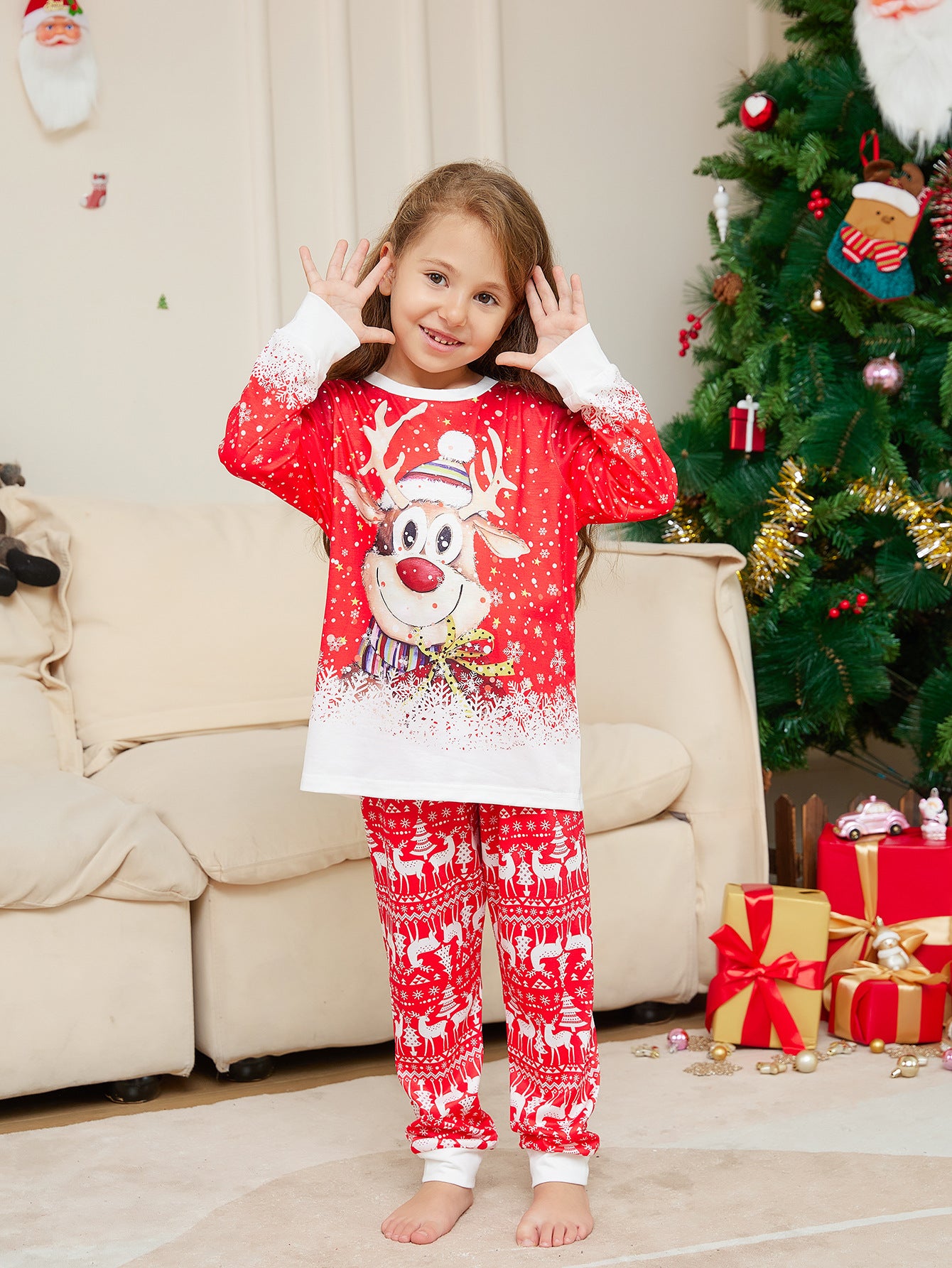 Christmas Cartoon Reindeer Print Parent-child Christmas Suit Pajamas