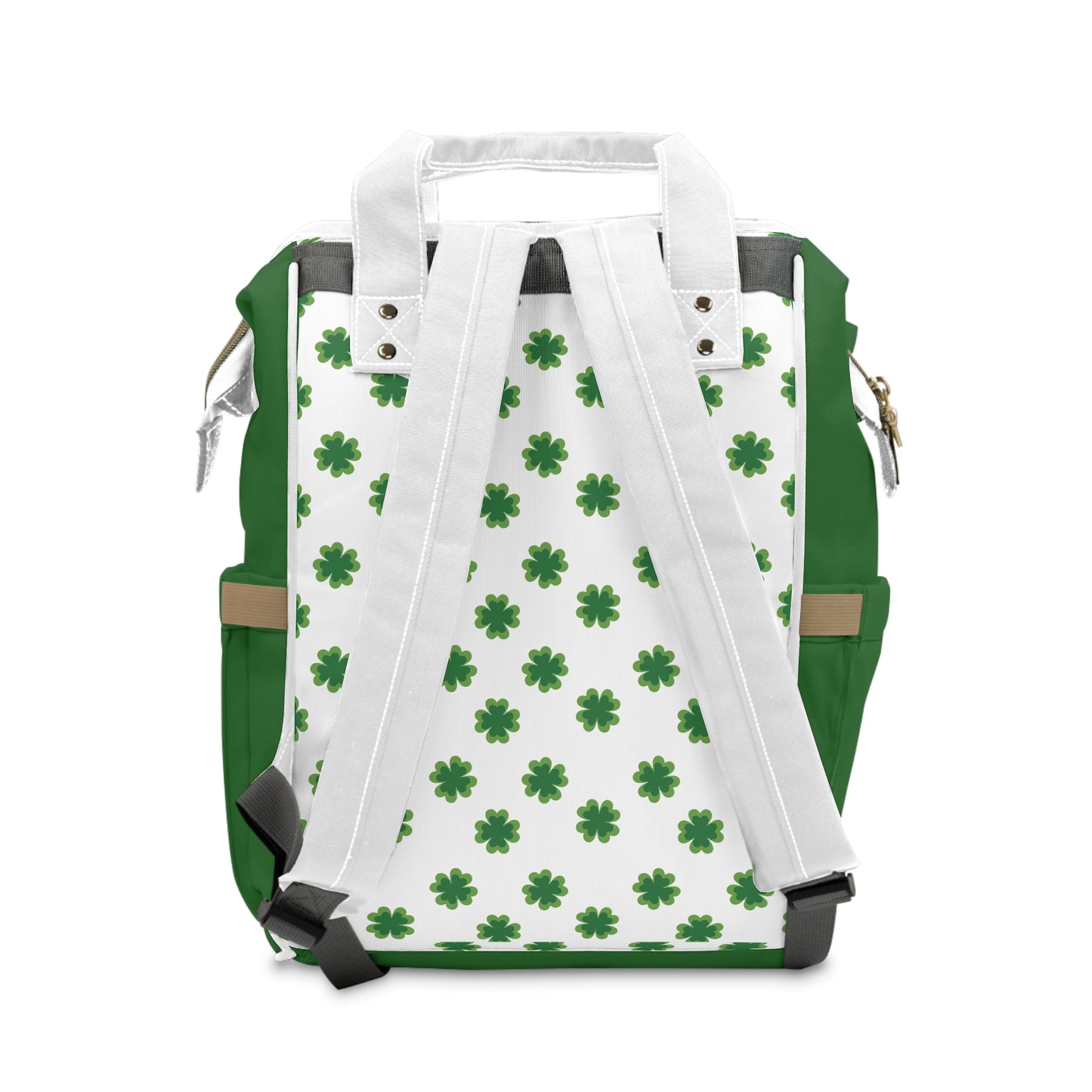 Clover Diaper Backpack featuring a shamrock print on a white background with green accents and adjustable straps.