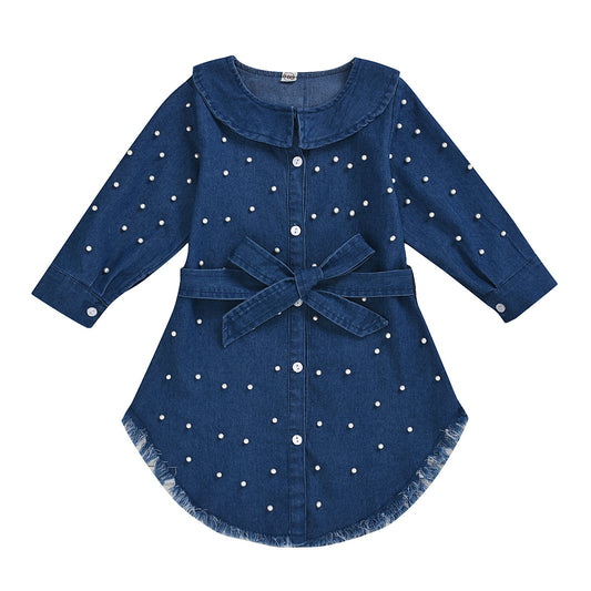 Girls' Round Neck Denim Long Sleeve Shirt With Beaded Belt And Tassel Skirt