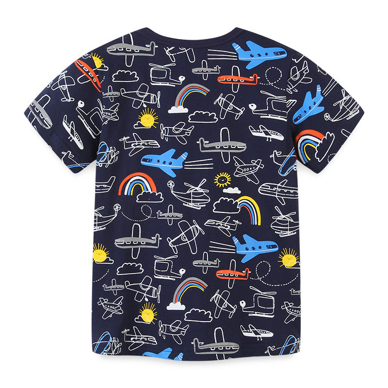Summer Boys Round Neck Print Children's T-shirt Knitted Cotton Cartoon Top T - Tokcobstore