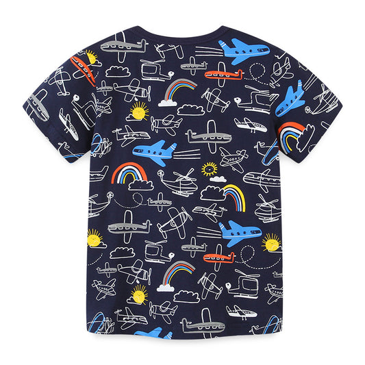Summer Boys Round Neck Print Children's T-shirt Knitted Cotton Cartoon Top T - Tokcobstore