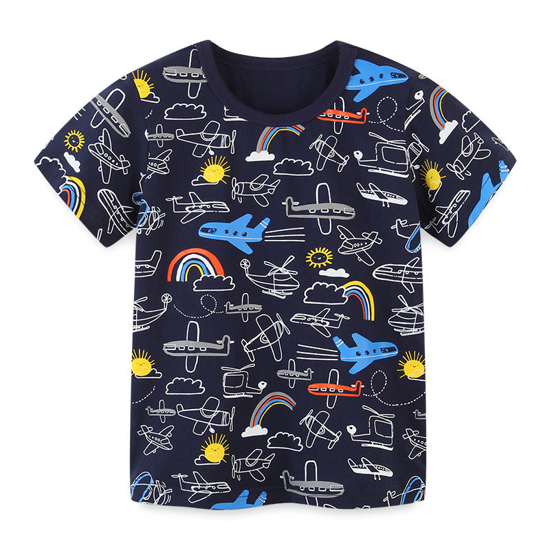 Summer Boys Round Neck Print Children's T-shirt Knitted Cotton Cartoon Top T - Tokcobstore