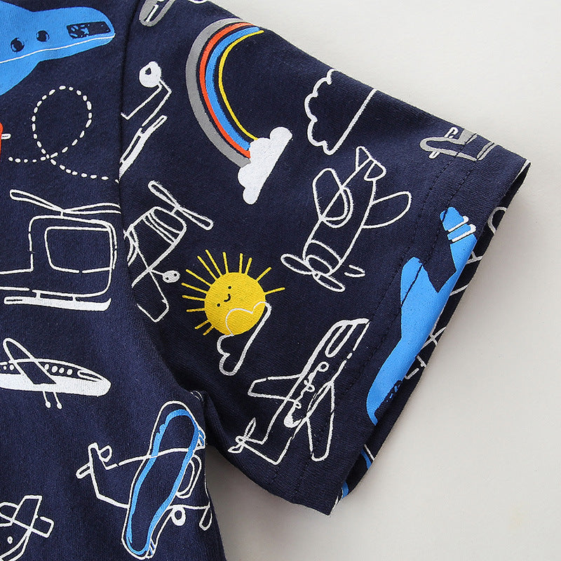 Summer Boys Round Neck Print Children's T-shirt Knitted Cotton Cartoon Top T - Tokcobstore