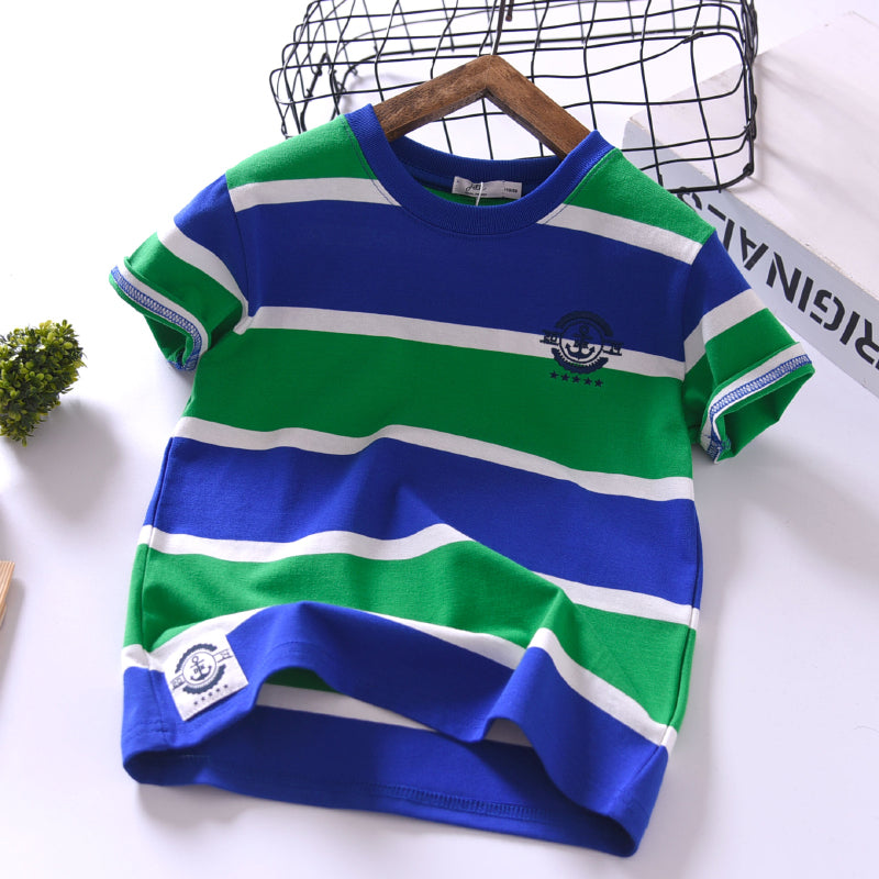 Boys Short-sleeved Summer Children's New Korean T-shirt, Big Children's Summer Half-sleeved Cotton Striped Thin And Loose - Tokcobstore
