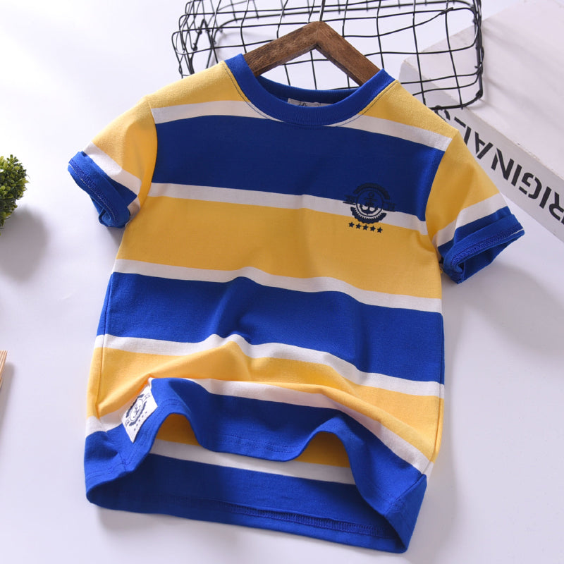 Boys Short-sleeved Summer Children's New Korean T-shirt, Big Children's Summer Half-sleeved Cotton Striped Thin And Loose - Tokcobstore