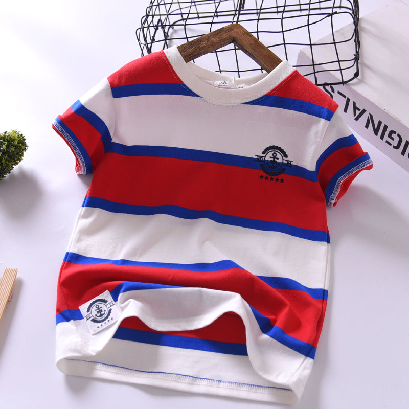 Boys Short-sleeved Summer Children's New Korean T-shirt, Big Children's Summer Half-sleeved Cotton Striped Thin And Loose - Tokcobstore
