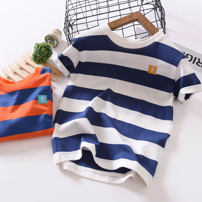 Boys Short-sleeved Summer Children's New Korean T-shirt, Big Children's Summer Half-sleeved Cotton Striped Thin And Loose - Tokcobstore