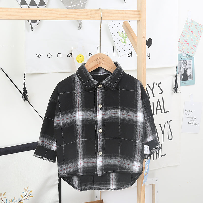 Boy's Plaid Shirt Baby Korean Style Loose Lapel Long Sleeve Plaid Shirt - Tokcobstore