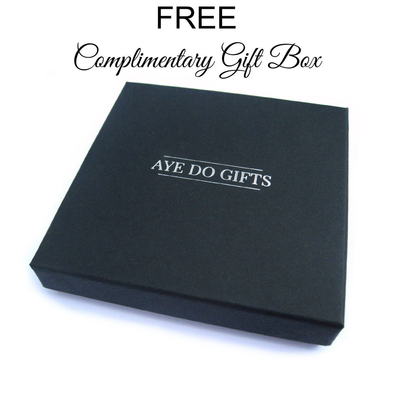 Bridesmaids Heart Necklace in a black gift box with "AYE DO GIFTS" logo and a label for a complimentary gift box.