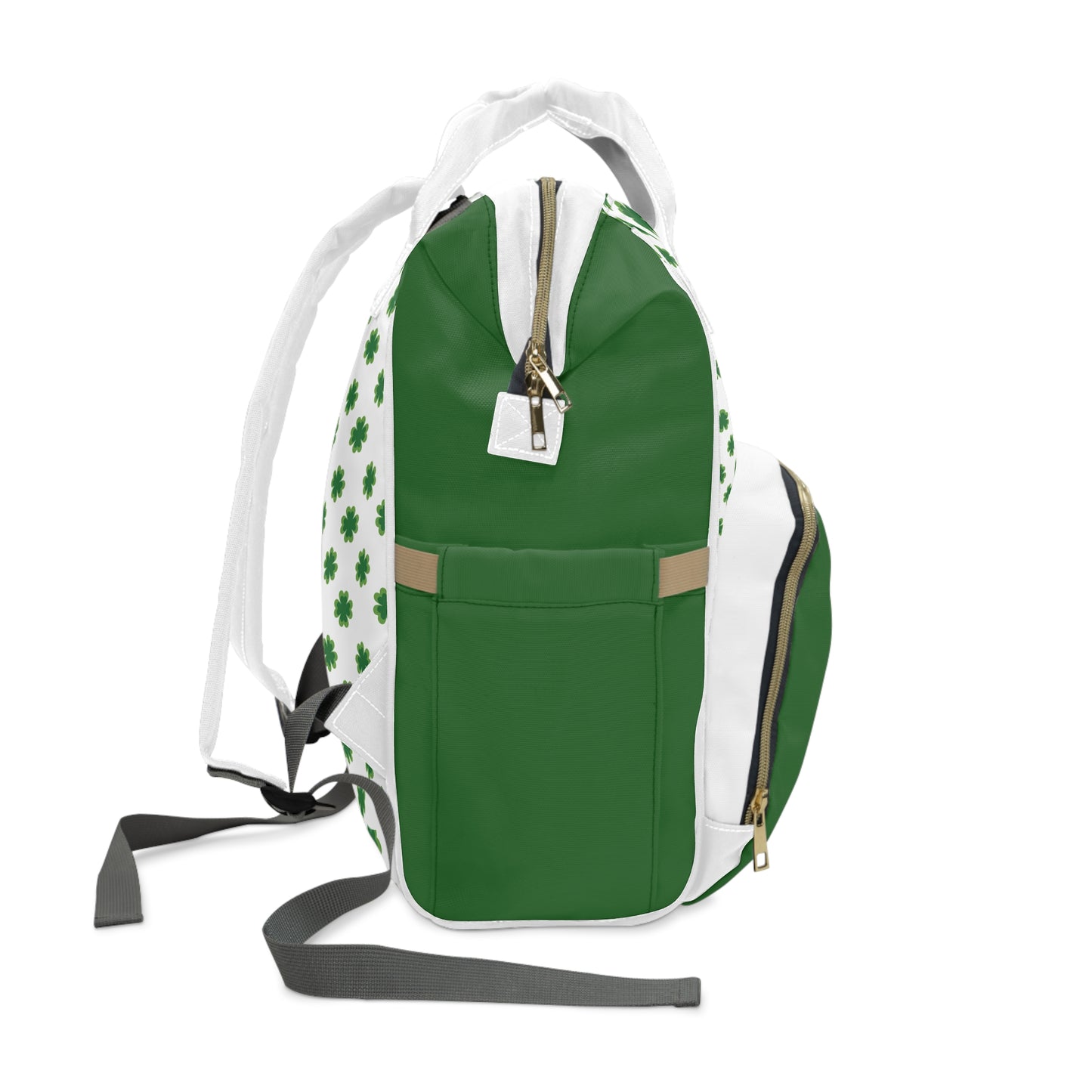 Clover Diaper Backpack featuring a shamrock print, green and white design, with adjustable straps and multiple pockets.