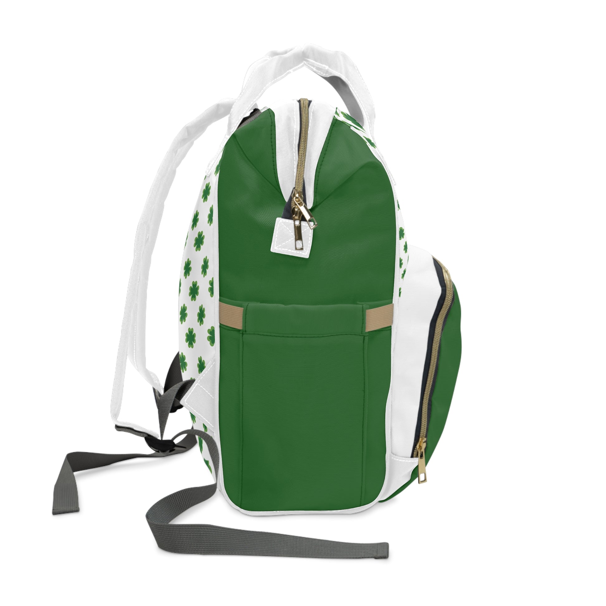 Clover Diaper Backpack featuring a shamrock print, green and white design, with adjustable straps and multiple pockets.