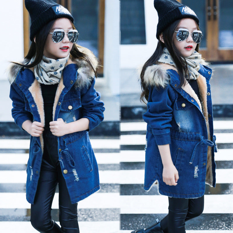 Denim trench coat with velvet padded waist - Tokcobstore