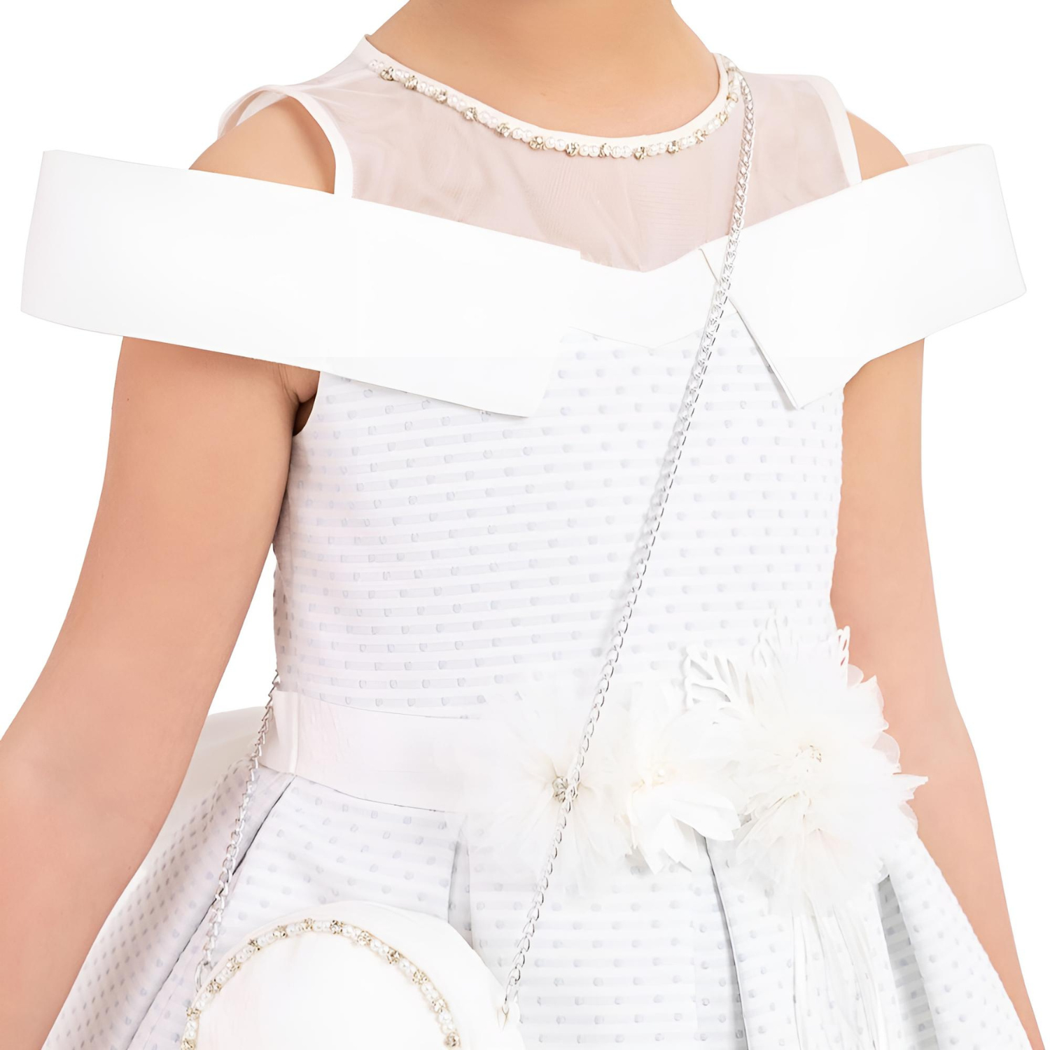 Dear Amy Girls Formal Dress featuring a white textured design, sheer neckline, and elegant embellishments.