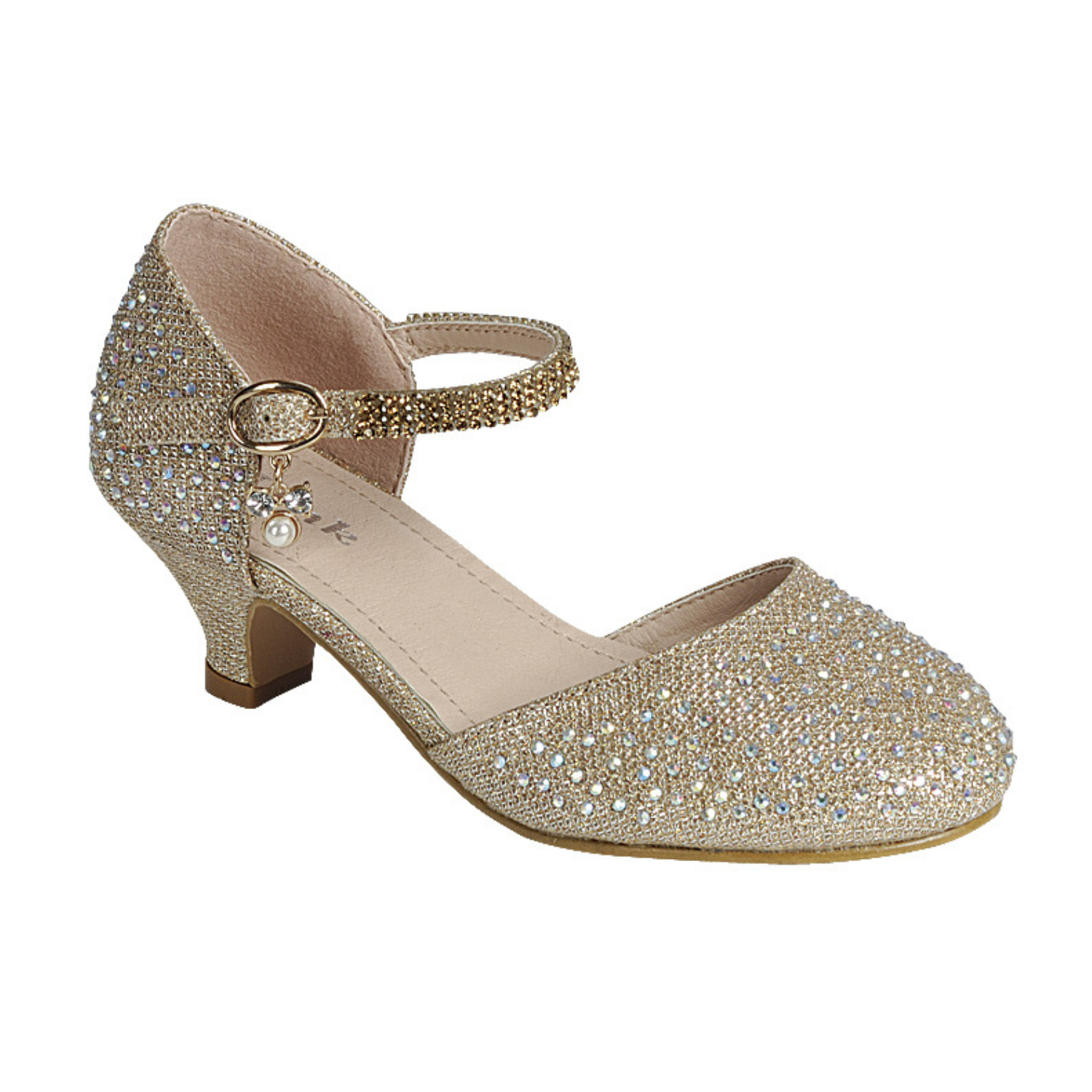 Gold glittery pearl pendant girls' formal shoes with ankle strap and low heel, adorned with rhinestones.