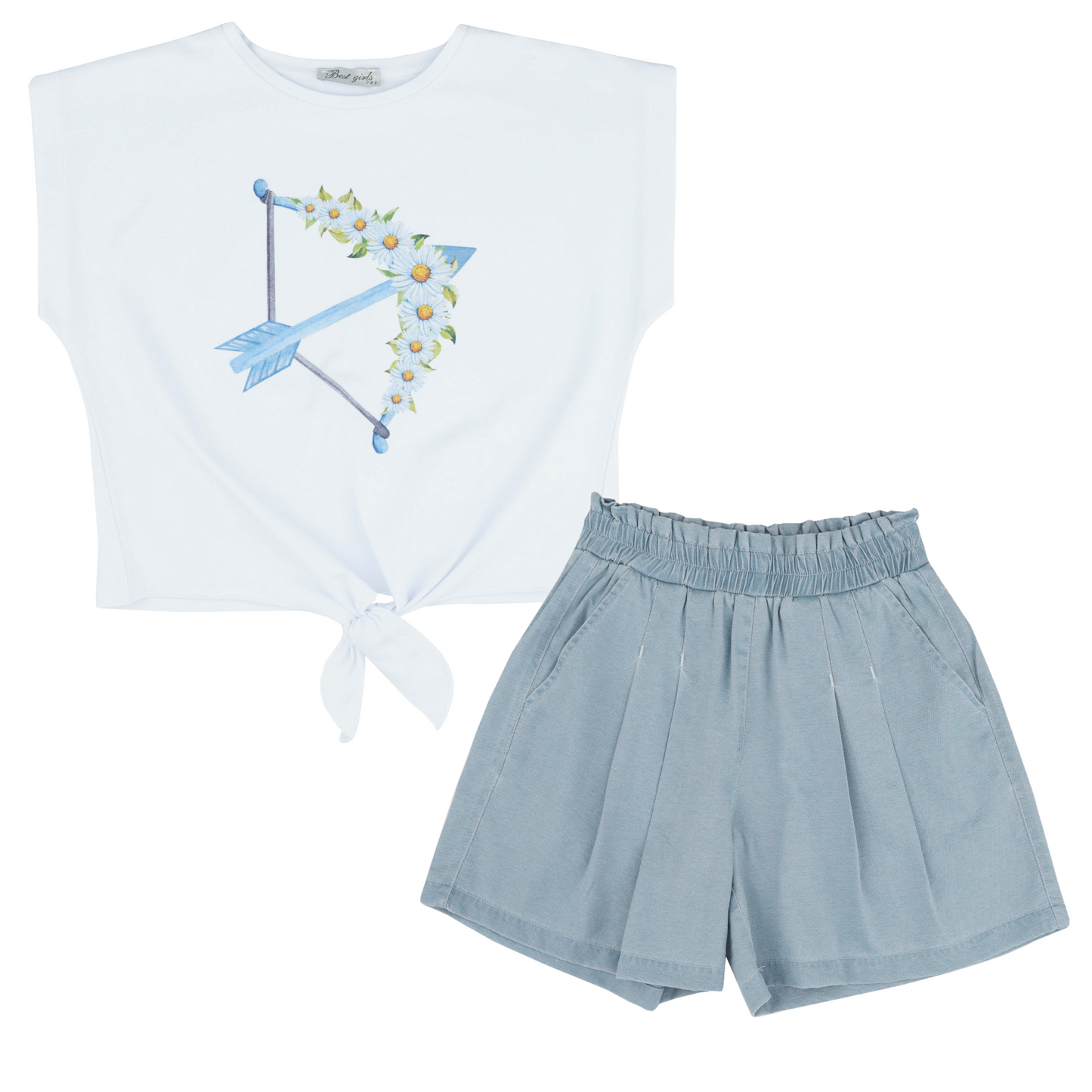Arrow Flower Girls Casual Set featuring a white tie-front top with floral arrow design and light blue shorts.