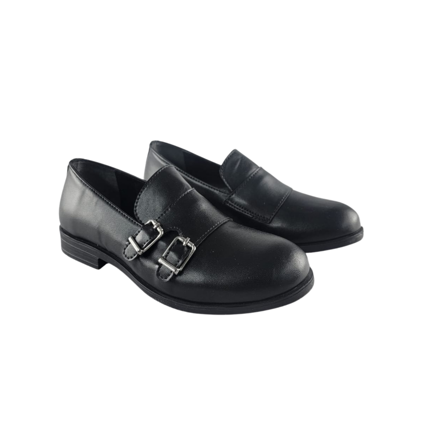 Black Ricky's Shoes with dual buckle detail and a low heel, designed for comfort and style.